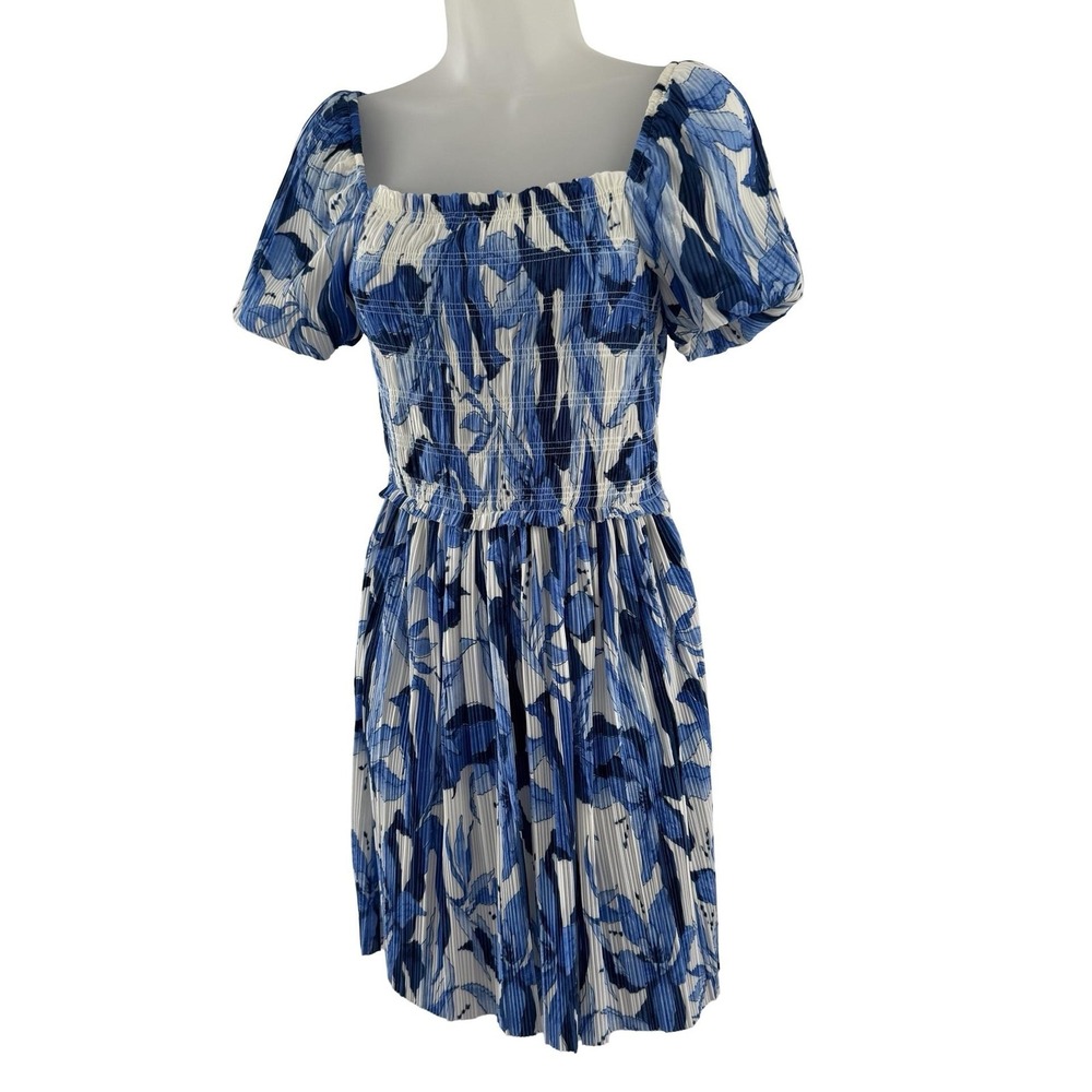 H&M Dress Womens Small Blue Floral Smocked Puff Sleeve Square Neck Mini Sundress